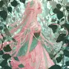 梦幻森林中的二次元少女，精灵耳朵与长发飘逸，绿色与粉色交错，日系幻想风格，裙摆细腻花纹，晨曦光斑穿透树叶，画面清新唯美     --ar 3:4