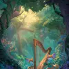 卡通魔法森林，狐狸精灵弹奏竖琴，翠绿与浅紫色，童话卡通风格，竖琴有藤蔓环绕，晨光透过树冠，画面梦幻灵动     --ar 3:4