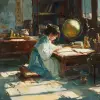 二次元图书馆午后，少女静坐读书，浅棕与湖蓝，文艺清新风格，书页细节丰富，窗外阳光洒落书桌，画面安静美好     --ar 3:4