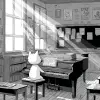 卡通音乐教室，猫咪老师弹奏钢琴，米白与蓝色，音乐童趣风格，黑白琴键细节，教室窗外明亮阳光，画面温馨欢乐     --ar 3:4