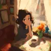 动漫咖啡馆一角，少女端着咖啡微笑，米色与深棕，文艺治愈风格，桌角有精美拉花，午后阳光透过窗帘，氛围温暖舒适     --ar 3:4