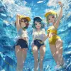 动漫夏日泳池，少女戴泳帽嬉戏水中，天蓝与柠檬黄，青春活力风格，泳池水面波纹清晰，阳光反射水花，画面明亮动感     --ar 3:4