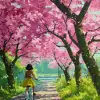 二次元春日樱花道，少女骑单车迎风而行，樱粉与嫩绿，日系清新风格，樱花瓣飘落细腻，清晨微光映照，画面活力明快     --ar 3:4