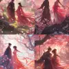 两个古代中国人物矗立在樱花林中的美丽景象。男子穿着深色传统服装,女子则穿着鲜艳的红色礼服。柔和的阳光透过树木,周围点缀着精致的粉红色花朵。风格是空灵浪漫的中国画,笔触细致,色调温暖。 --ar 2:3 --niji 6