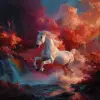在彩虹中跃动的白马，瀑布飞溅的景象中，桂花被彩虹般的光芒温润。一道火红的阴影升起，冲向蔚蓝的天空，构成奇幻而绚丽的场景。