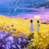 花田的二维梦游中，女孩们在花海中奔跑，浅紫嫩黄，浪漫的日式风格，花朵堆叠，午后光点跳跃。画面轻盈舒适   --ar 3：4