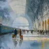 一座宏伟的欧洲中央车站，拱形玻璃穹顶洒下清晨阳光，旅客拖着行李缓缓穿过大厅，远处列车安静停靠，手绘水彩旅行插画，柔和纸张纹理，浅金色、雾蓝色与暖灰色，光影通透，构图开阔，宁静而充满期待   --ar 3:2